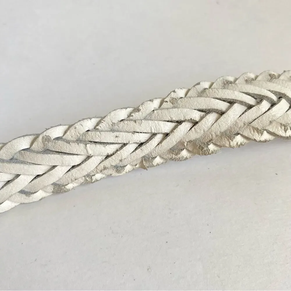Vintage White Woven Leather Belt Braided Silver Tone Buckle Medium Large 90s Y2K